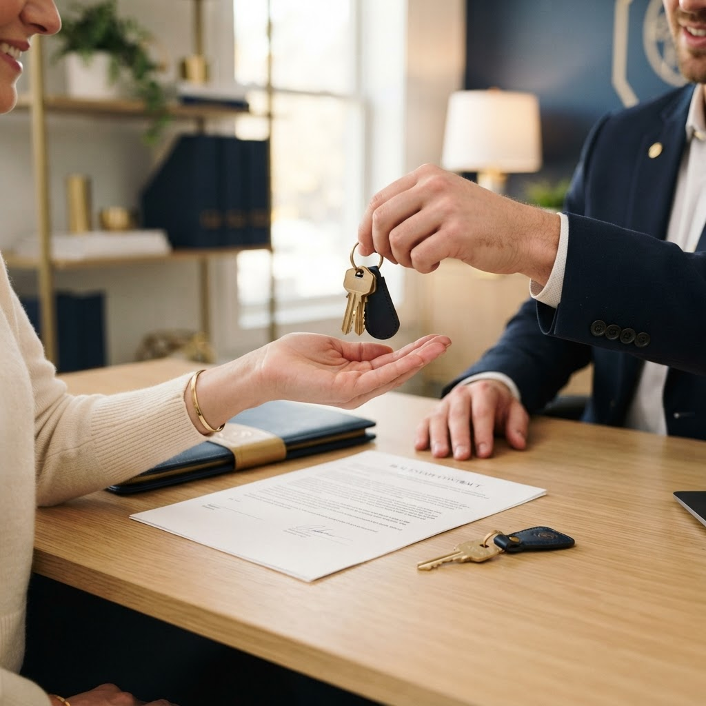 House keys and a signed closing document on a clean desk