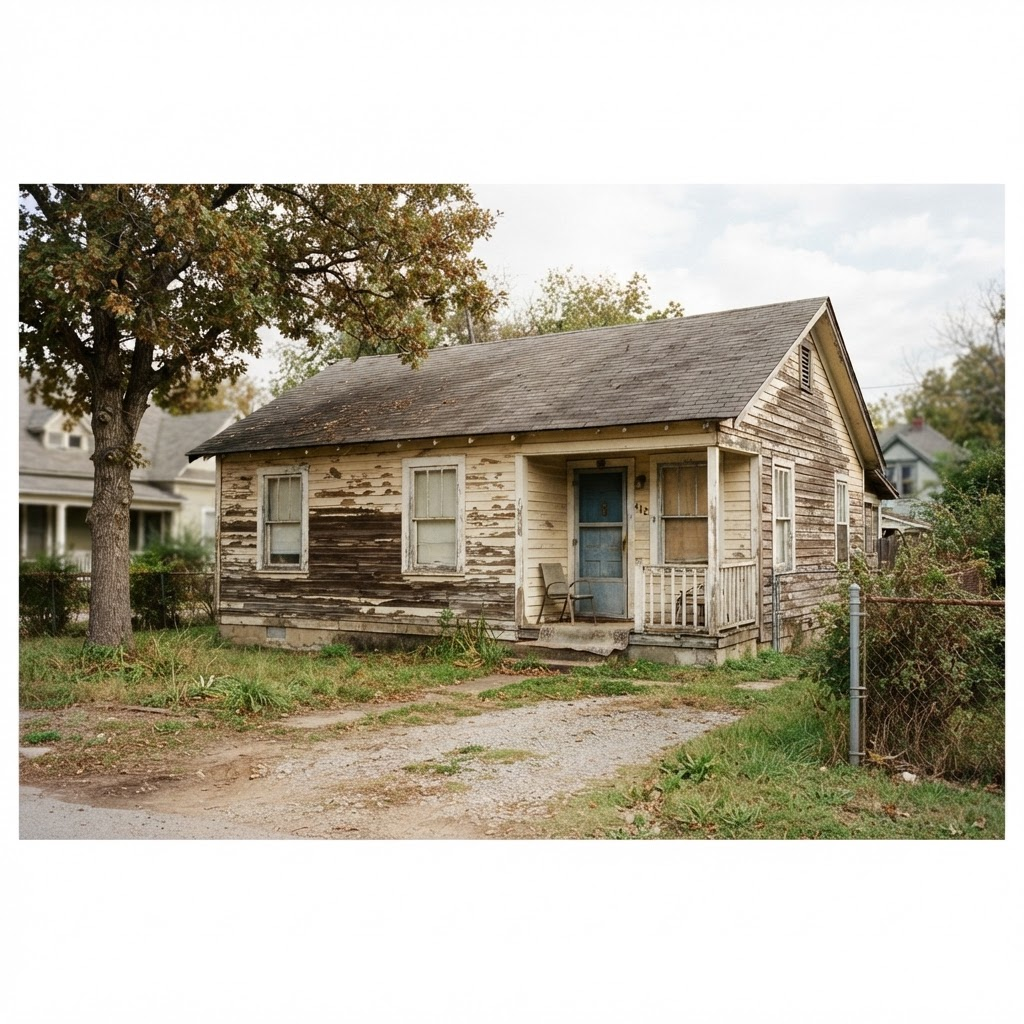 A modest older home with a dated exterior that needs cosmetic work