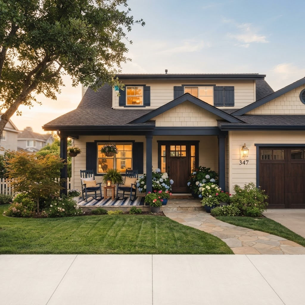 A well-kept suburban family home at golden hour